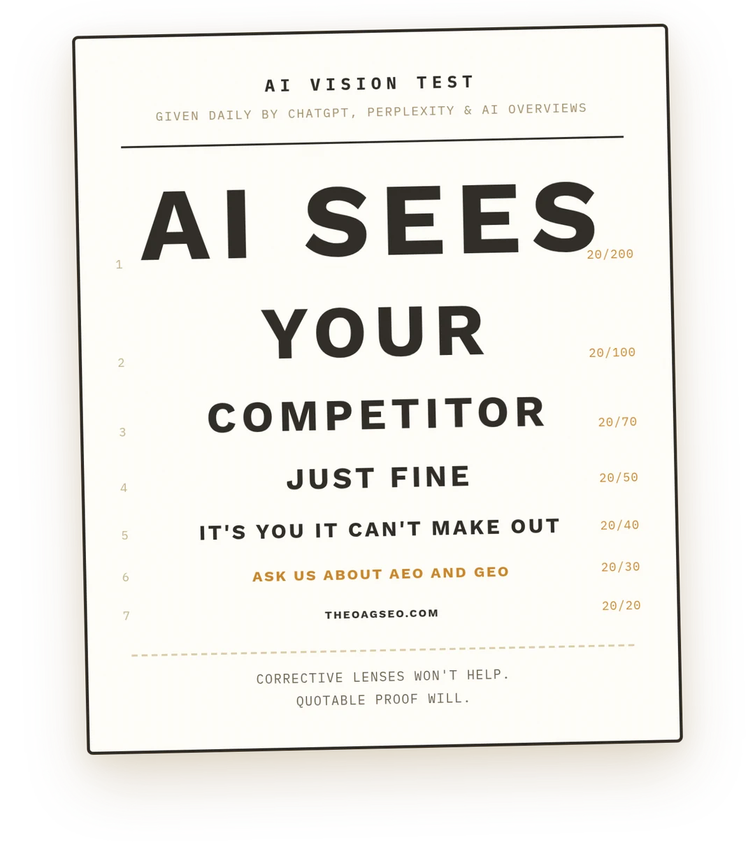 An eye chart titled AI Vision Test. The large top rows read AI sees your competitor just fine. The small rows read It's you it can't make out. Ask us about AEO and GEO. theoagseo.com